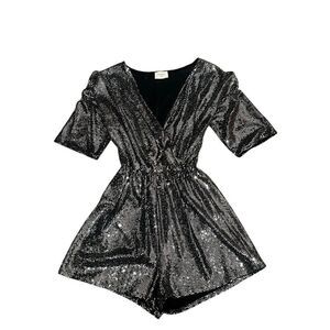 Everly Women's Sparkly Sequin Surplice Short Romper Black Silver Small